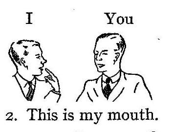 Eski bir İngilizce ders kitabı çizimi: ağzını gösteren iki adam ve This is my mouth cümlesi