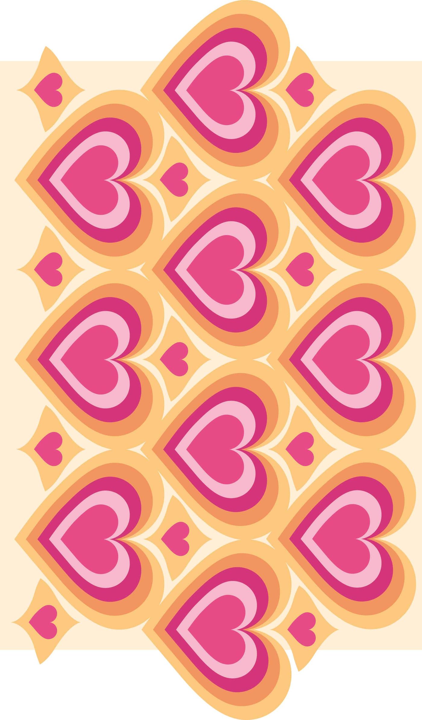 Yazdırılabilir desenli kağıt şablonu: krem zemin üzerinde turuncu çerçeveli iç içe pembe kalpler
