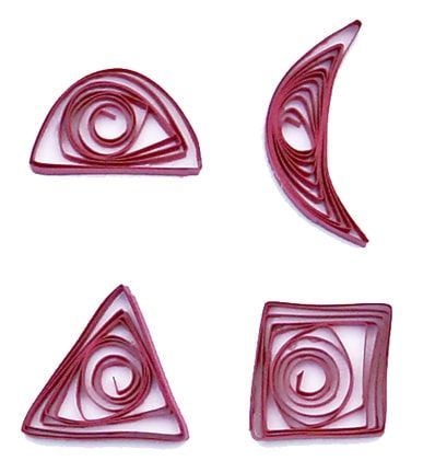 Quilling temel şekiller: bordo şeritten yarım daire, hilal, üçgen ve kare biçimli rulolar