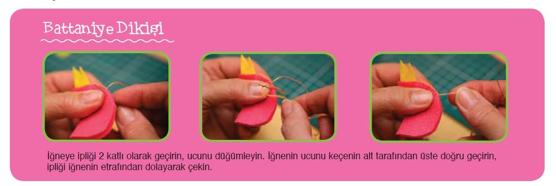 Battaniye dikişi nasıl yapılır: pembe keçe kuş üzerinde üç adımlık fotoğraflı anlatım kartı