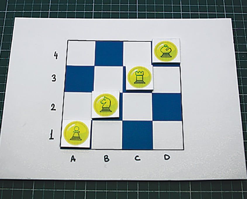 Yeşil taşlar A1'den D4'e çapraz dizilmiş, kağıt tahtada çapraz sıra ile kazanma örneği