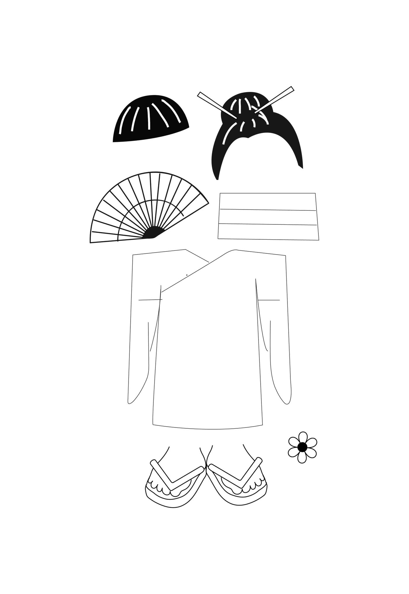 Kimono şablonu: topuzlu saç, yelpaze, kimono, kuşak ve tahta sandalet parçaları