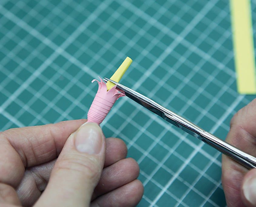 Sarı şerit pembe çan çiçeğin içine yerleştirilirken fazlası makasla kesiliyor