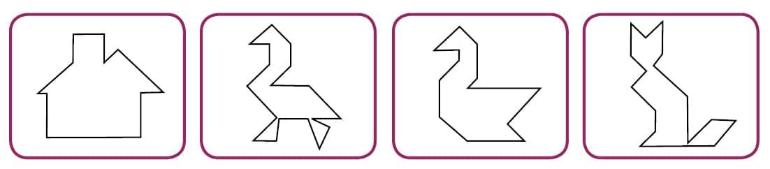 Ev, kuş, kuğu ve kedi biçimli dört tangram bulmacası dış hat çizimi, çerçeveli kutularda