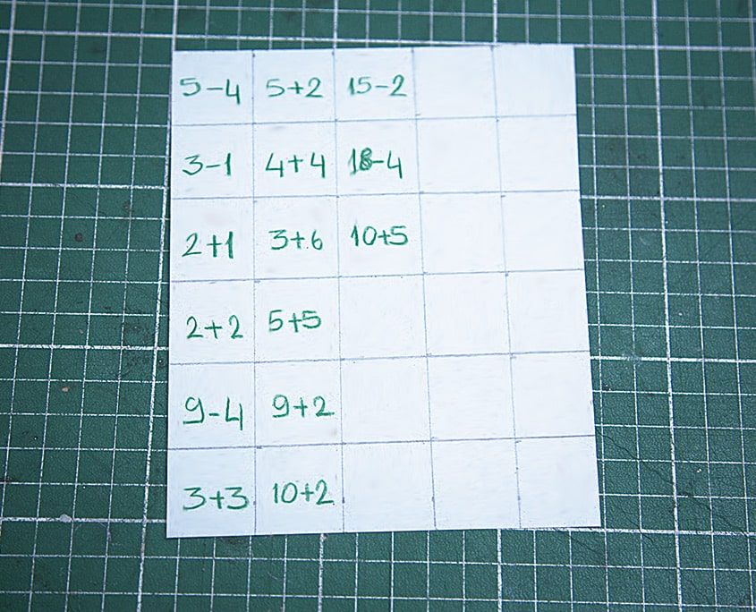 Yeşil kalemle 5-4, 4+4, 10+5 gibi toplama ve çıkarma işlemleri yazılmış işlem kartı