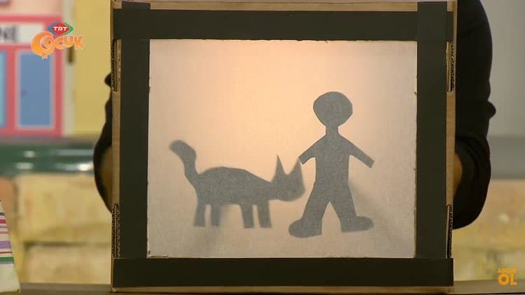 Arkadan ışık alan gölge tiyatrosu perdesinde kedi ve insan siluetlerinin gölgesi