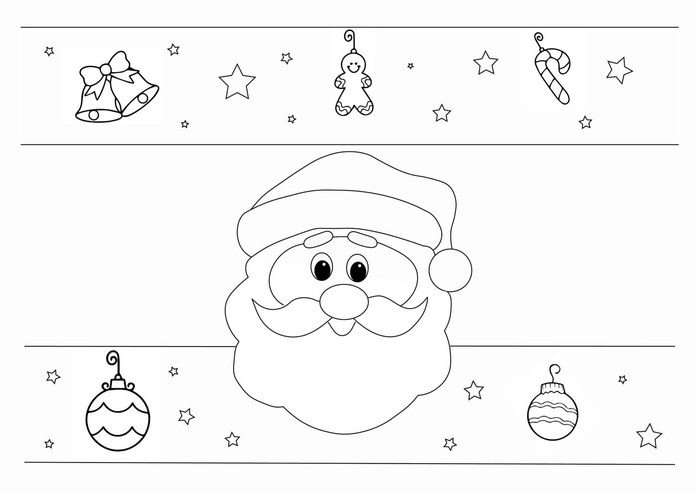 Yazdırılabilir Noel Baba yüzü tacı şablonu: sakallı Noel Baba başı, bantta zil, şeker baston ve süsler