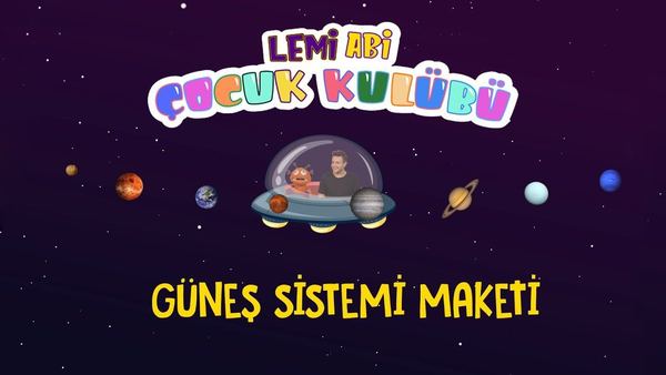 Güneş sistemi maketi video kapağı: mor uzay zemininde gezegenler ve uçan daire çizimi