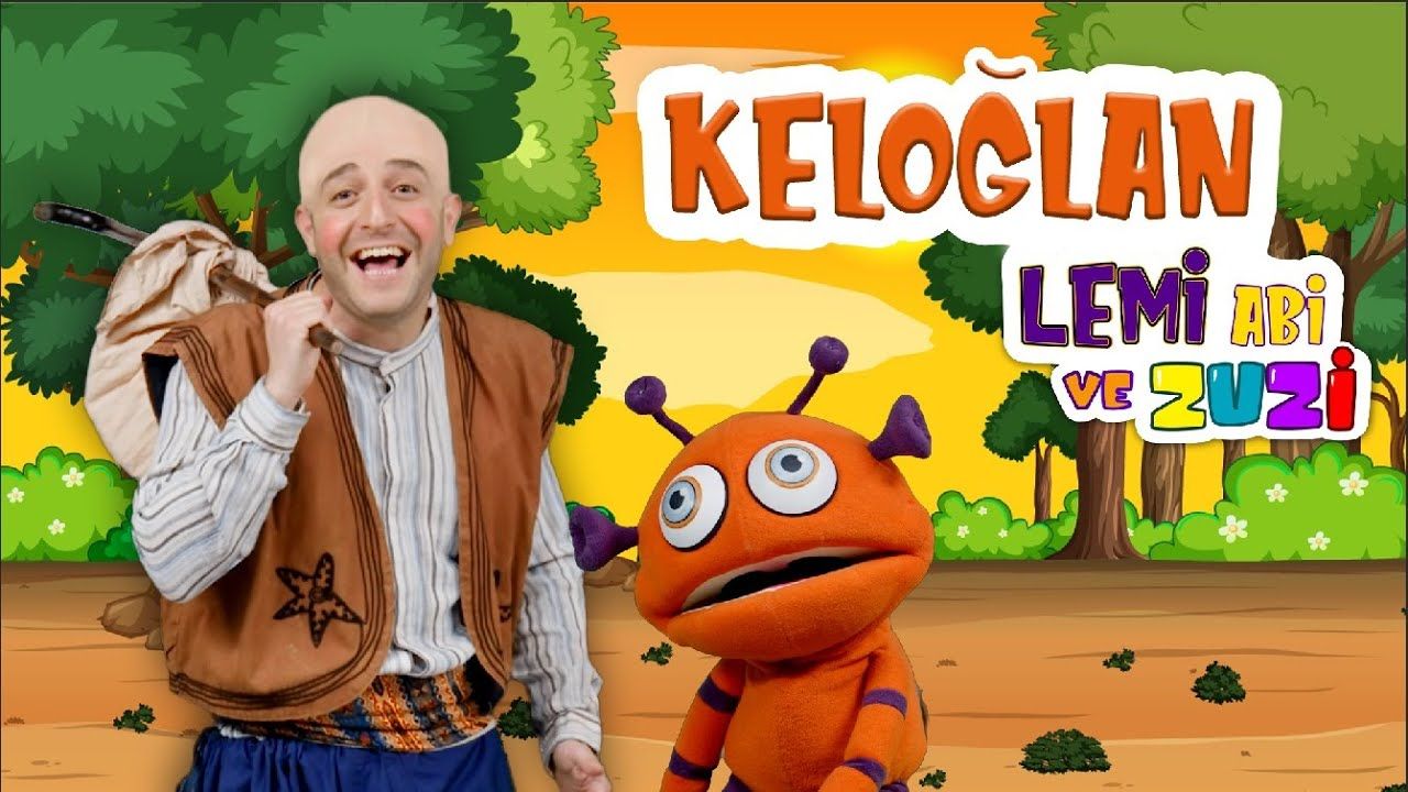 Keloğlan Kuklası video kapağı: Keloğlan kostümlü oyuncu ve turuncu kukla karakter orman fonunda