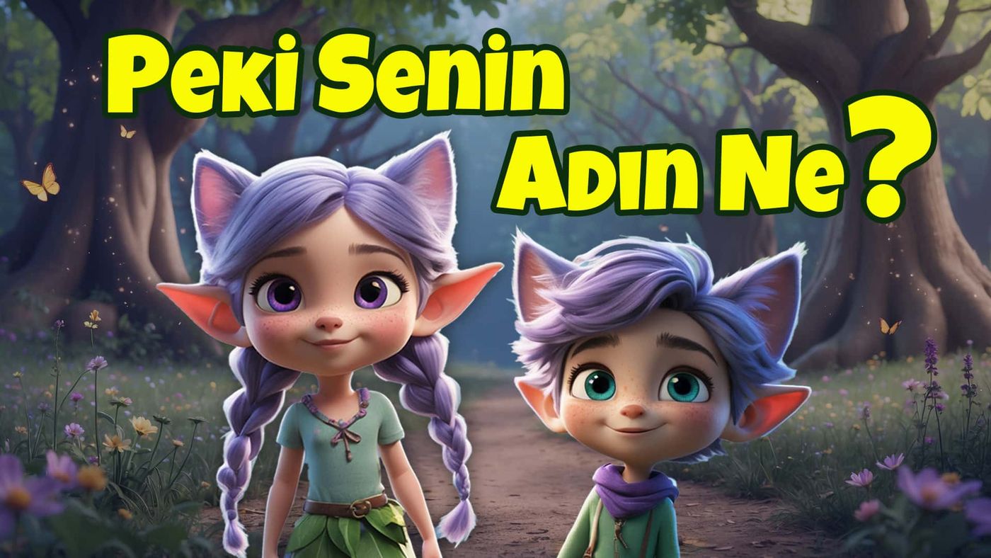 Peki Senin Adın Ne? çocuk şarkısının kapağı: ormanda mor örgülü Elfcat Miri ve mor saçlı Elfcat Ori